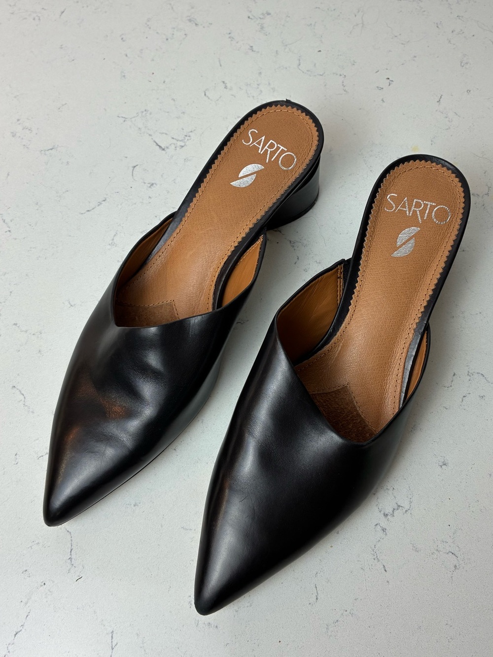 Franco Sarto Black Leather Pointed Toe Mule Heels Size 6.5
